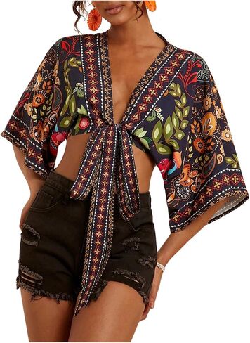 Floerns Women's Tropical Tie Front Crop Tops V Neck Dolman Sleeve Beach Vacation Blouses in Kuwait