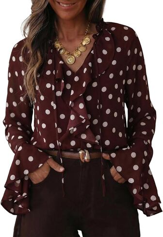 Astylish Women's Polka Dot Long Sleeve Blouse with Tie Neck Business Casual Top in Kuwait
