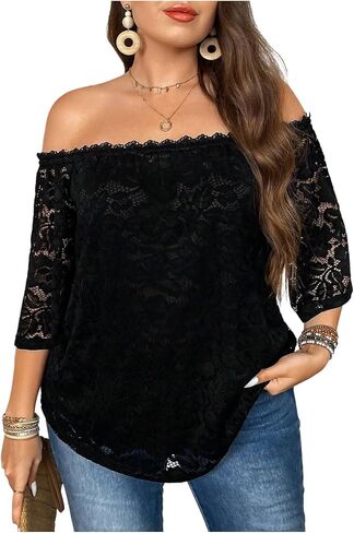GORGLITTER Women's Plus Size Lace 3/4 Sleeve Tops Dressy Casual Sexy Off The Shoulder Loose Tunic Shirt Going Out Tops in Kuwait