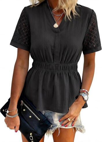 HEYTALALA Womens Peplum Tops Summer Lace Short Sleeve Smocked Blouses Dressy Casual Babydoll Shirts in Saudi Arabia