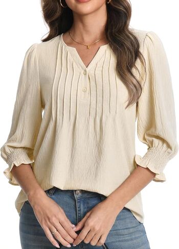 Funlingo Women Blouses Dressy Casual 3/4 Length Sleeve Tops V Neck Pleated Button Down Shirts Summer Business Casual Outfits in Saudi Arabia