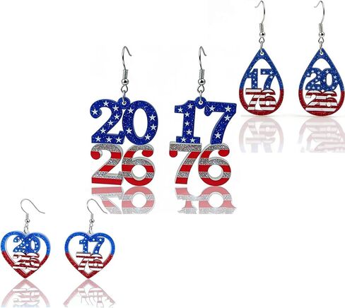 250th Independence Day Earrings for Women, 3 Pairs 1776 2026 Asymmetric Patriotic Earrings, 4th of July Gifts for Friends Family Coworkers, USA Patriotic Accessories for Holiday Party in Kuwait