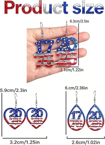 250th Independence Day Earrings for Women, 3 Pairs 1776 2026 Asymmetric Patriotic Earrings, 4th of July Gifts for Friends Family Coworkers, USA Patriotic Accessories for Holiday Party in Kuwait