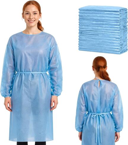 EZGOODZ Blue Disposable Isolation Gown, Large. Pack of 30 Polyethylene Surgical Disposable Gowns with Long Sleeves, Neck and Waist Ties. Non-Sterile Fluid Resistant Unisex Adult Gowns in Kuwait