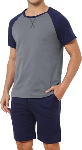 Mens Pajamas Set Cotton Short Sleeve & Shorts Pajamas for Men Summer Lightweight Sleepwear Loungewear with Pockets in Saudi Arabia
