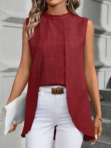 Women's Wine Red Sleeveless Mock Neck Tunic Top, Split Front Casual Blouse for Work & Daily Wear in Kuwait