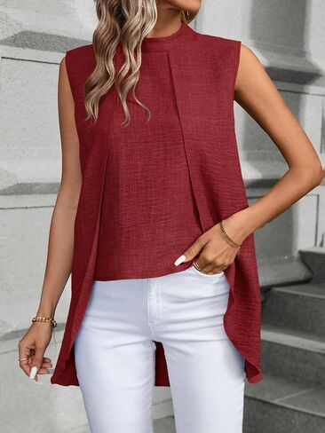 Women's Wine Red Sleeveless Mock Neck Tunic Top, Split Front Casual Blouse for Work & Daily Wear in Kuwait