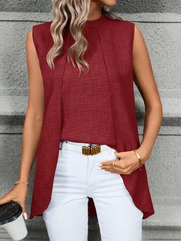 Women's Wine Red Sleeveless Mock Neck Tunic Top, Split Front Casual Blouse for Work & Daily Wear in Kuwait