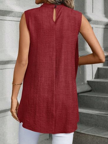 Women's Wine Red Sleeveless Mock Neck Tunic Top, Split Front Casual Blouse for Work & Daily Wear in Kuwait
