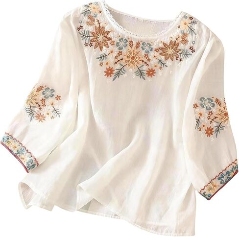 Womens Dressy Tops and Blouses Floral Embroidered Shirts 3 4 Puff Sleeve Loose Fit Business Casual Tunic for Ladies in Kuwait