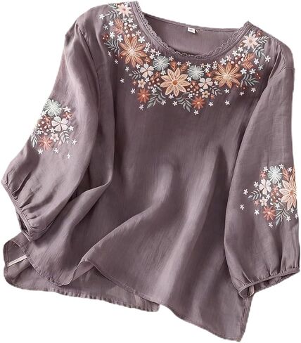 Womens Dressy Tops and Blouses Floral Embroidered Shirts 3 4 Puff Sleeve Loose Fit Business Casual Tunic for Ladies in Kuwait