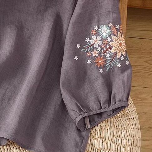 Womens Dressy Tops and Blouses Floral Embroidered Shirts 3 4 Puff Sleeve Loose Fit Business Casual Tunic for Ladies in Kuwait