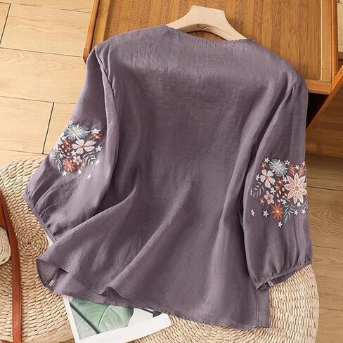 Womens Dressy Tops and Blouses Floral Embroidered Shirts 3 4 Puff Sleeve Loose Fit Business Casual Tunic for Ladies in Kuwait