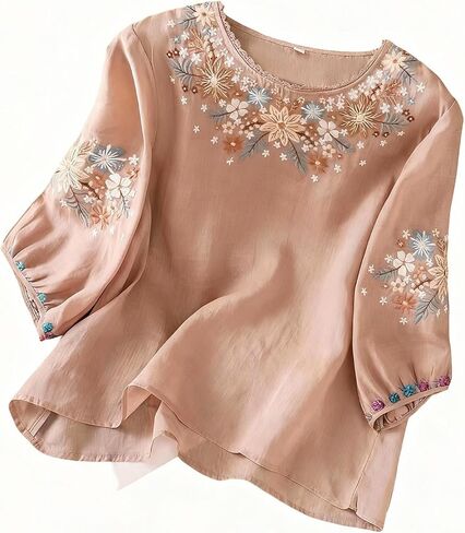 Womens Dressy Tops and Blouses Floral Embroidered Shirts 3 4 Puff Sleeve Loose Fit Business Casual Tunic for Ladies in Kuwait