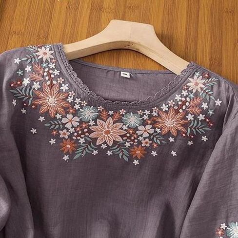 Womens Dressy Tops and Blouses Floral Embroidered Shirts 3 4 Puff Sleeve Loose Fit Business Casual Tunic for Ladies in Kuwait