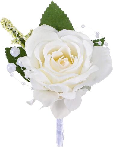 1 Pcs White Rose Boutonniere for Men, Realistic Artificial Lapel Pin Flower for Groom, Groomsmen, Father, Wedding, Prom, Homecoming, Anniversary & Formal Party Suit Decoration (With Safety Pin) in Kuwait