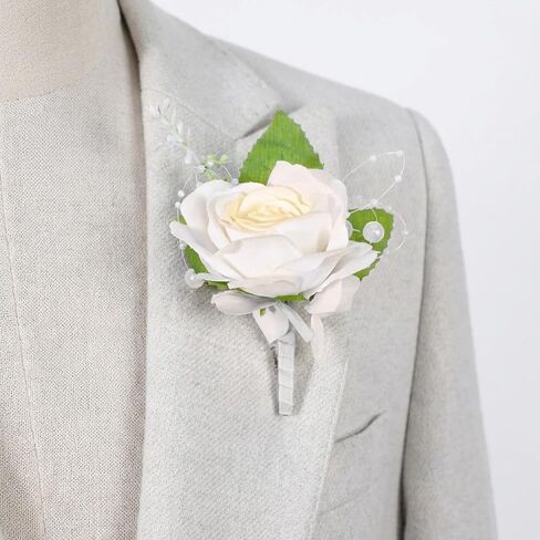 1 Pcs White Rose Boutonniere for Men, Realistic Artificial Lapel Pin Flower for Groom, Groomsmen, Father, Wedding, Prom, Homecoming, Anniversary & Formal Party Suit Decoration (With Safety Pin) in Kuwait