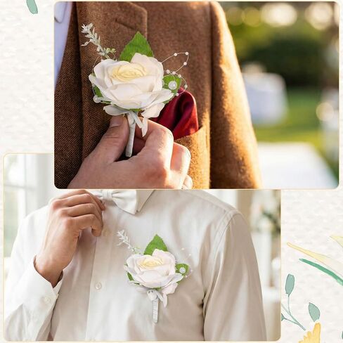 1 Pcs White Rose Boutonniere for Men, Realistic Artificial Lapel Pin Flower for Groom, Groomsmen, Father, Wedding, Prom, Homecoming, Anniversary & Formal Party Suit Decoration (With Safety Pin) in Kuwait