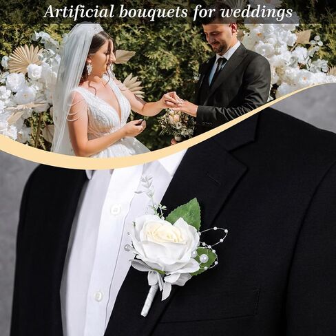 1 Pcs White Rose Boutonniere for Men, Realistic Artificial Lapel Pin Flower for Groom, Groomsmen, Father, Wedding, Prom, Homecoming, Anniversary & Formal Party Suit Decoration (With Safety Pin) in Kuwait