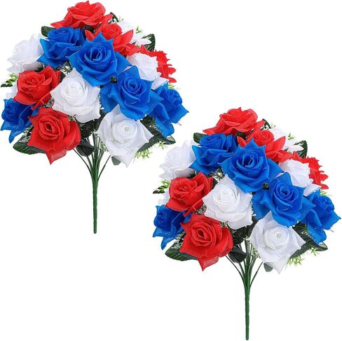 Bigmeta Flowers for 4th of July - 2pcs UV-Resistant Artificial Rose Patriotic Flowers, Red White and Blue Bouquets for Veterans 250th Anniversary Outdoor Indoor Decorations in Kuwait