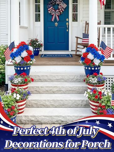 Bigmeta Flowers for 4th of July - 2pcs UV-Resistant Artificial Rose Patriotic Flowers, Red White and Blue Bouquets for Veterans 250th Anniversary Outdoor Indoor Decorations in Kuwait