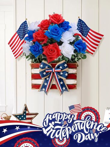 Bigmeta Flowers for 4th of July - 2pcs UV-Resistant Artificial Rose Patriotic Flowers, Red White and Blue Bouquets for Veterans 250th Anniversary Outdoor Indoor Decorations in Kuwait