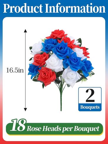Bigmeta Flowers for 4th of July - 2pcs UV-Resistant Artificial Rose Patriotic Flowers, Red White and Blue Bouquets for Veterans 250th Anniversary Outdoor Indoor Decorations in Kuwait