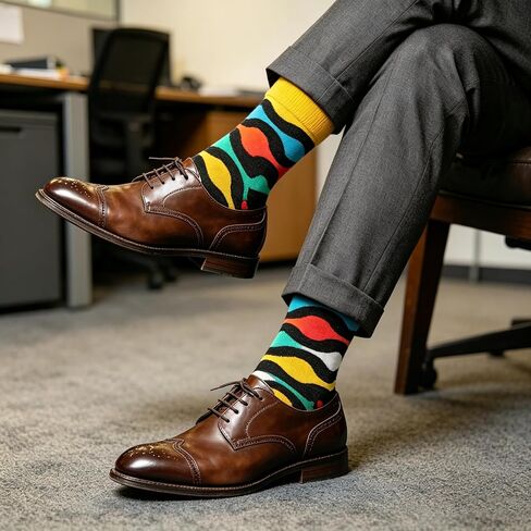 Mens Funky Colorful Dress Socks – 5 Pairs Combed Cotton Crew Socks with Bold Geometric Patterns, Novelty Adult Dress Socks for Men in Saudi Arabia