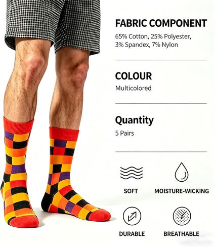 Mens Funky Colorful Dress Socks – 5 Pairs Combed Cotton Crew Socks with Bold Geometric Patterns, Novelty Adult Dress Socks for Men in Saudi Arabia