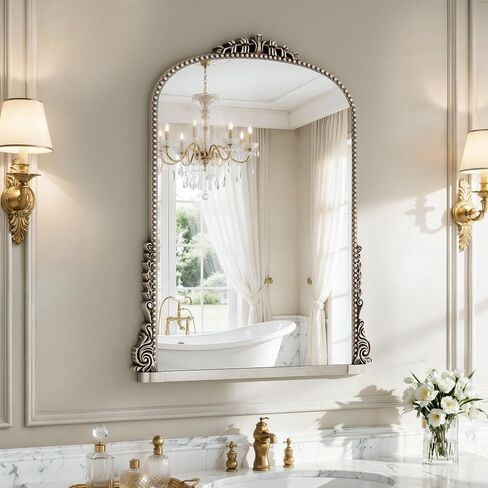 24x32 inch Vintage Silver Arched Bathroom Mirror - French Antique Mirror - Traditional Decorative Wall Mounted Arched Mirrors for Entryway/Fireplace/Bathroom/Hallway - Home Decor for Fashion in Saudi Arabia