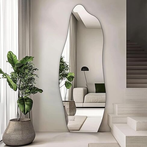 Gluck Plants Full Length Mirror, Irregular Asymmetrical 63x24 Inch Wave Frameless Black Modern Unique Vanity Wall Mirror for Bathroom, Bedroom, Living Room, Entryway, Fireplace in Saudi Arabia