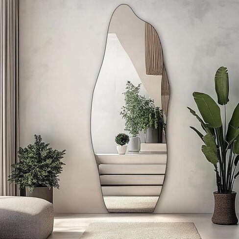Gluck Plants Full Length Mirror, Irregular Asymmetrical 63x24 Inch Wave Frameless Black Modern Unique Vanity Wall Mirror for Bathroom, Bedroom, Living Room, Entryway, Fireplace in Saudi Arabia