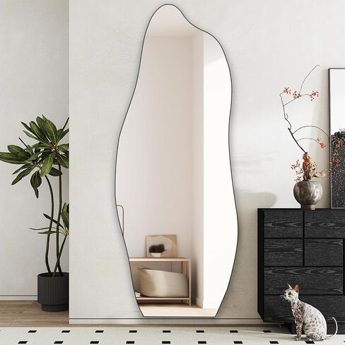 Gluck Plants Full Length Mirror, Irregular Asymmetrical 63x24 Inch Wave Frameless Black Modern Unique Vanity Wall Mirror for Bathroom, Bedroom, Living Room, Entryway, Fireplace in Saudi Arabia