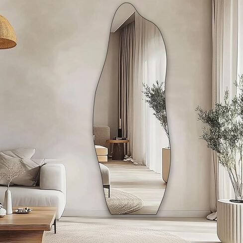 Gluck Plants Full Length Mirror, Irregular Asymmetrical 63x24 Inch Wave Frameless Black Modern Unique Vanity Wall Mirror for Bathroom, Bedroom, Living Room, Entryway, Fireplace in Saudi Arabia