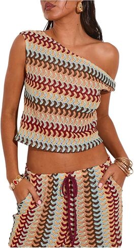 GORGLITTER Women's One Shoulder Color Block Tank Tops Summer Boho Crochet Asymmetrical Neck Peasant Vacation Crop Tops in Saudi Arabia