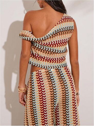 GORGLITTER Women's One Shoulder Color Block Tank Tops Summer Boho Crochet Asymmetrical Neck Peasant Vacation Crop Tops in Saudi Arabia