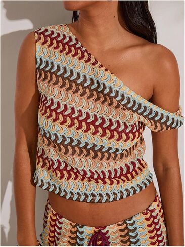 GORGLITTER Women's One Shoulder Color Block Tank Tops Summer Boho Crochet Asymmetrical Neck Peasant Vacation Crop Tops in Saudi Arabia