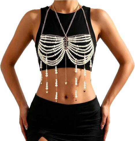 Multi-Layered Pearl Body Chain Tops Sexy Sparkly beaded Bra Nightclub Beach Bikini Rave Crop for Women in Saudi Arabia