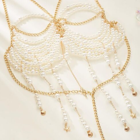 Multi-Layered Pearl Body Chain Tops Sexy Sparkly beaded Bra Nightclub Beach Bikini Rave Crop for Women in Saudi Arabia