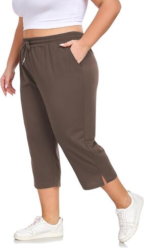 ForHailey Women's Capri Pants Plus Size Casual Sport Activewear Drawstring Comfy Lounge Sweatpants Loose Fit with Pockets Brown 4X-Large in Kuwait