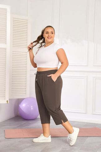 ForHailey Women's Capri Pants Plus Size Casual Sport Activewear Drawstring Comfy Lounge Sweatpants Loose Fit with Pockets Brown 4X-Large in Kuwait