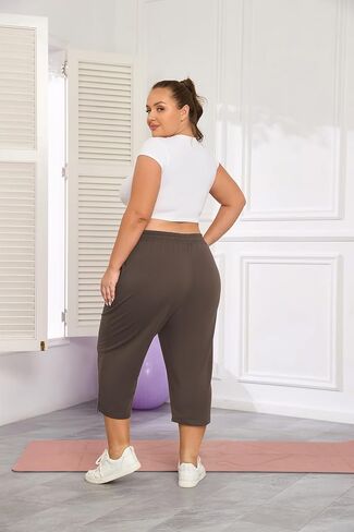 ForHailey Women's Capri Pants Plus Size Casual Sport Activewear Drawstring Comfy Lounge Sweatpants Loose Fit with Pockets Brown 4X-Large in Kuwait