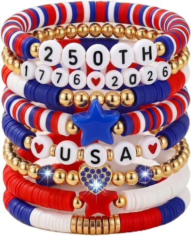 Gerrii 4th of July Clay Bracelet Patriotic Jewelry for Women Red White Blue Bracelet with Vinyl Disc for 250th Accessory in Kuwait