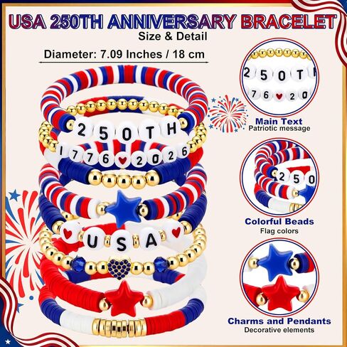 Gerrii 4th of July Clay Bracelet Patriotic Jewelry for Women Red White Blue Bracelet with Vinyl Disc for 250th Accessory in Kuwait