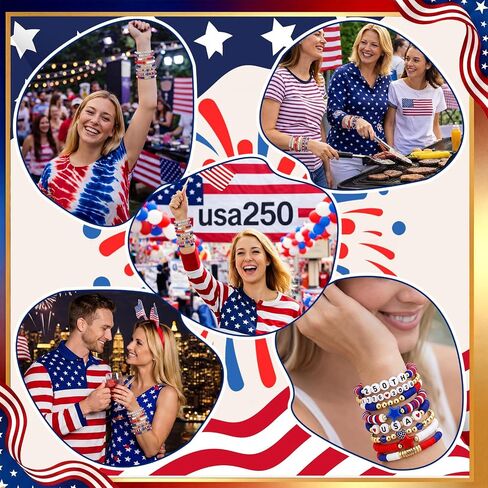 Gerrii 4th of July Clay Bracelet Patriotic Jewelry for Women Red White Blue Bracelet with Vinyl Disc for 250th Accessory in Kuwait