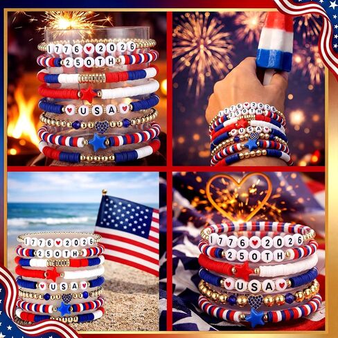 Gerrii 4th of July Clay Bracelet Patriotic Jewelry for Women Red White Blue Bracelet with Vinyl Disc for 250th Accessory in Kuwait
