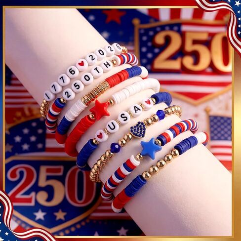 Gerrii 4th of July Clay Bracelet Patriotic Jewelry for Women Red White Blue Bracelet with Vinyl Disc for 250th Accessory in Kuwait