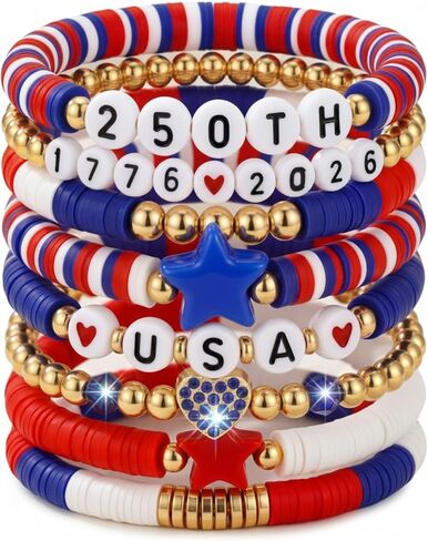 Gerrii 4th of July Clay Bracelet Patriotic Jewelry for Women Red White Blue Bracelet with Vinyl Disc for 250th Accessory in Kuwait