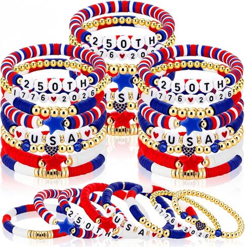 Gerrii 4th of July Clay Bracelet Patriotic Jewelry for Women Red White Blue Bracelet with Vinyl Disc for 250th Accessory in Kuwait