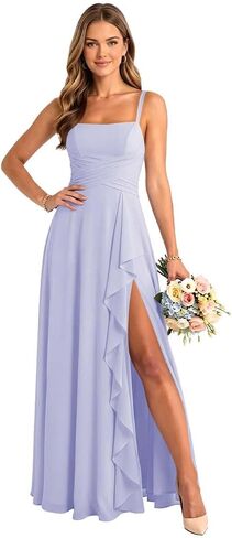 Spaghetti Straps Chiffon Bridesmaid Dresses with Slit Ruffle Long A Line Pleated Formal Evening Gown for Women in Saudi Arabia